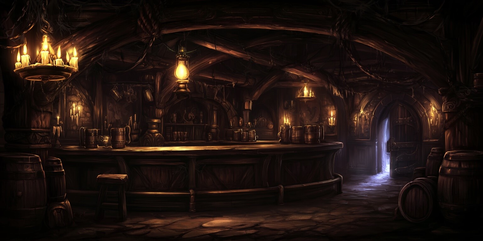 La salle d'une taverne médiévale dans la pénombre : un long comptoir de bois courbe chargé de chopes, un lustre de bougies et une lanterne allumés, des tonneaux de part et d'autre, et au fond une porte entrouverte sur la lumière froide du dehors